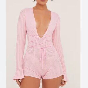 Pink Romper Playsuit Sweater Plunge Neckline Knit Small